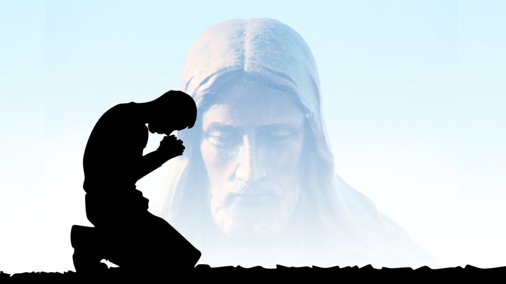 pray, religion, faith-an image of a man praying and jesus in the background