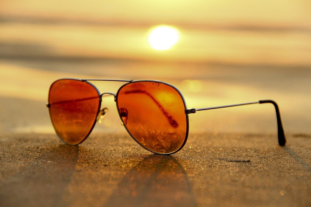 sunset, beach, sunglasses, sand, summer, shades, nature, eyepiece, spectacles, sandy beach, shore, seashore-1283872.jpg